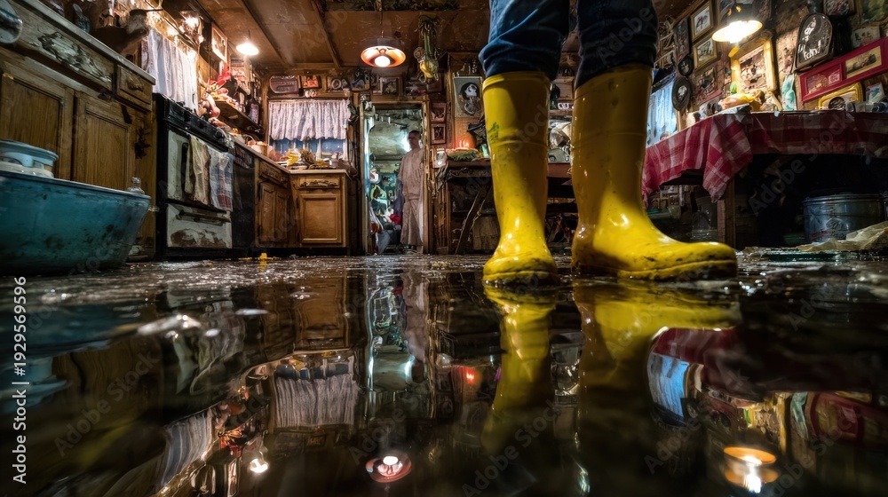 Fototapeta premium Person wearing tall yellow protective footwear stands inside a kitchen heavily covered in standing water
