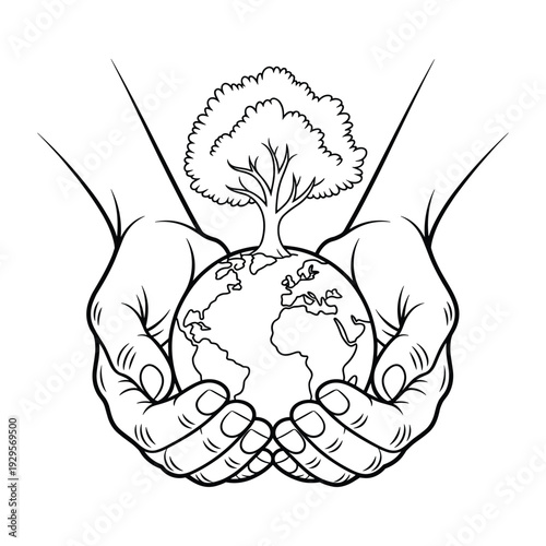 Conceptual illustration of two human hands carefully cradling planet Earth with a tree growing from its surface