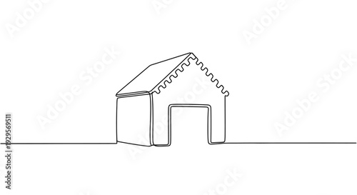 Warehouse Single Continuous Line Icon, Minimal Sawtooth Roof Industrial Building Outline