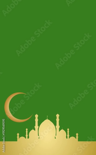 Eid Mubarak Islamic Background with Mosque, Crescent Moon, and a Green Screen Background
