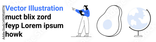 Woman holding coffee and gesturing, accompanied by abstract avocado and globe designs. Ideal for presentations, learning, travel, education, creativity, health, simple landing page