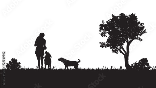 Family silhouette walking with dog in landscape with trees and grass featuring people, animals, nature with outdoors and scenery elements for scene, illustration projects, clean composition on simple