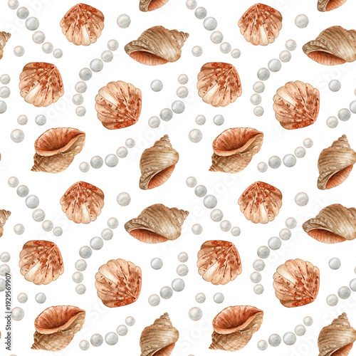 Seashell and pearls, watercolor seamless pattern. Marine style.
