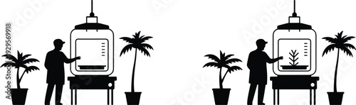 Scientist with plant growth chamber, controlled environment incubator for seedlings and research, bioprinter-style lab equipment, potted palms, minimalist vector illustration