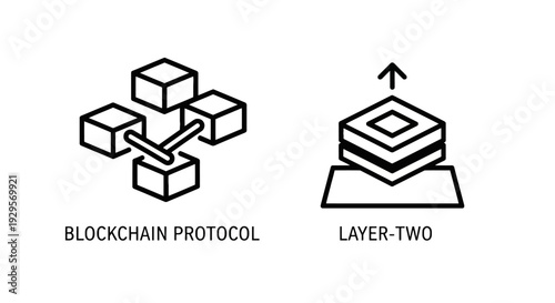 Blockchain protocol and layer-two scaling solution icons, illustrating network architecture and enhanced transaction processing for decentralized systems.