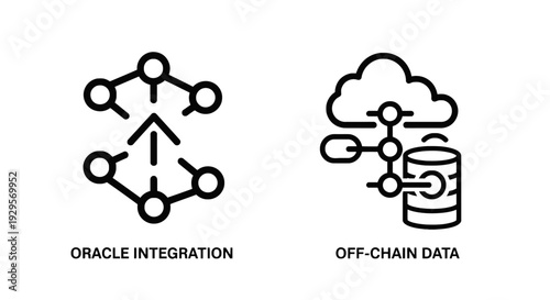 Oracle integration and off-chain data icons, signifying the connection of real-world information to blockchains and external data sources for smart contracts.