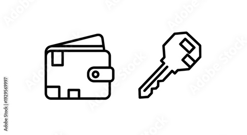 Simple line icons of a wallet and a key, symbolizing digital asset storage, access, and security in cryptocurrency or financial management.