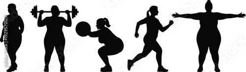 Silhouettes of diverse individuals performing fitness exercises including weightlifting, squats, running, and stretching, symbolizing active lifestyle,