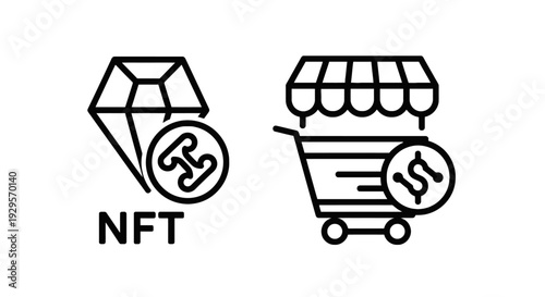 Icons representing an NFT diamond and a shopping cart with a dollar sign, symbolizing Non-Fungible Tokens, digital art markets, and online purchasing.