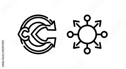 Abstract circular arrows and network connections icon set representing concepts like teamwork, collaboration, and decentralization in a modern, minimalist style.