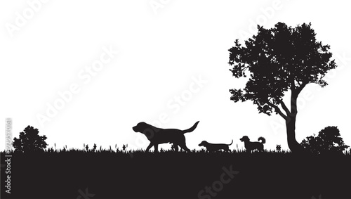 Dogs silhouette walking on grassy hill with tree and small animals in black and white, minimal nature scene with wide copy space, outdoor park landscape banner