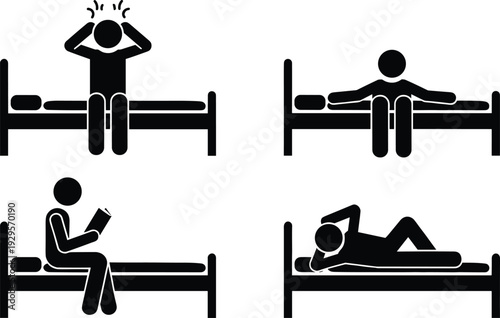 Sleep problems and insomnia icon set, person lying in bed awake, reading and resting positions, bedtime routine vector illustration