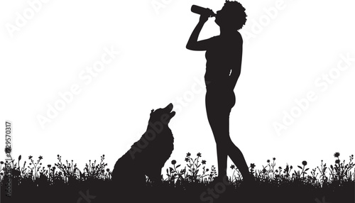 Woman drinking from bottle silhouette with dog sitting in wildflower meadow, outdoor lifestyle scene, black cutout figure on white background with copy space