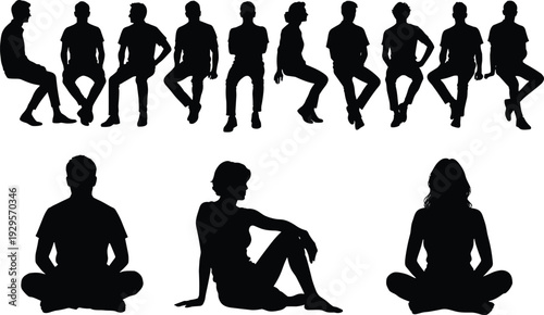 People sitting silhouette collection, men and women seated poses isolated black vector illustration for design projects