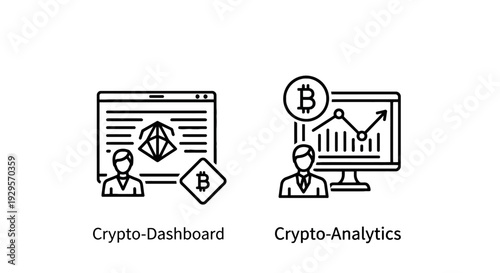 Icons for crypto dashboard and analytics, featuring a screen with data visualizations and a person analyzing a Bitcoin chart, representing cryptocurrency market tracking and performance insights.