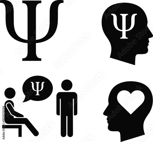 Black and white psychology icons featuring Psi symbol, human head, therapy consultation, and emotional well‑being design for mental health awareness
