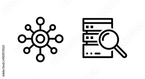 Abstract network and server search icons: a central node connected to multiple circles representing a distributed system, and a magnifying glass over stacked servers, symbolizing network analysis and 