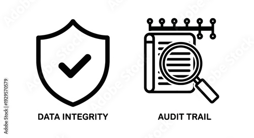 Data integrity and audit trail icons: a shield with a checkmark representing verified data protection, and a magnifying glass over a scroll with circuit board details, symbolizing secure record-keepin