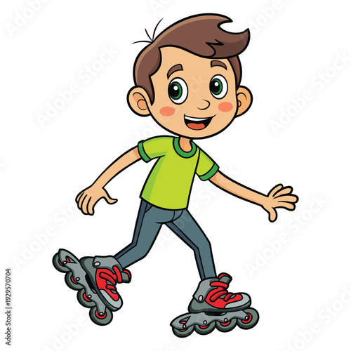 Cartoon happy boy with rollerblading clear outline on white background