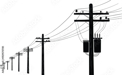Utility poles with power transformer and overhead electrical lines, receding telephone posts, electricity distribution infrastructure, rural grid network silhouette vector illustration