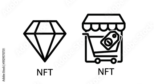 NFT Diamond and Marketplace Icons: Representing Digital Assets, Collectibles, and Online Commerce