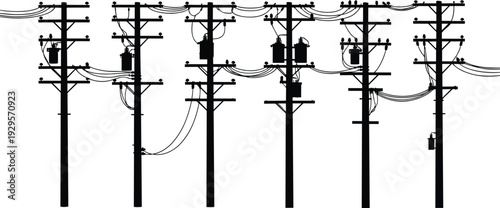 Utility power line poles silhouette set, electrical wooden transmission poles with transformers and wires, black and white vector illustration isolated on white background