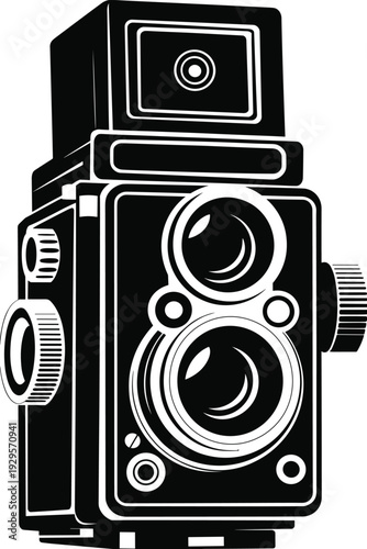 Vintage twin lens reflex camera illustration, classic retro film photography device, old fashioned medium format camera icon, black and white vector