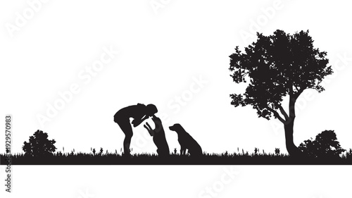 Silhouette family scene with person bending to pet two dogs on grassy field near large tree, minimalist black and white countryside landscape with copy space