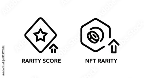 Icons representing NFT rarity and rarity score, featuring a star award and stacked coins with an upward arrow, indicating value and collectibility.