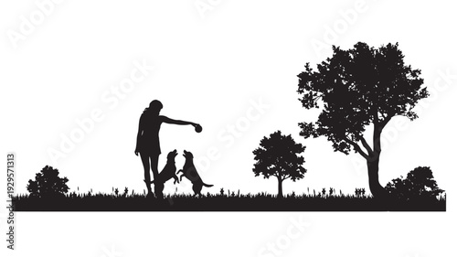 Silhouette woman playing with two dogs on grassy park landscape with trees, outdoor pet training and walking scene, minimal black cutout illustration on white