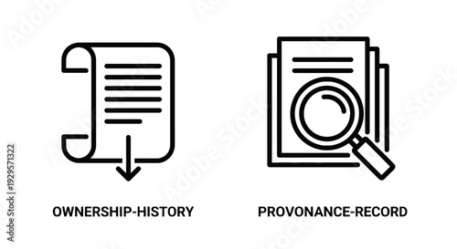 Conceptual icons representing ownership history and provenance record, showing document scroll with arrow and document with magnifying glass, for legal or digital asset tracking.