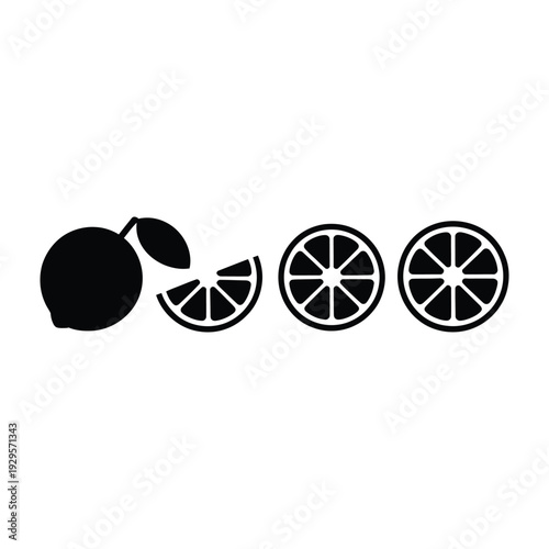 Black Silhouettes of Whole and Sliced Citrus Fruit Representing Freshness and Flavor