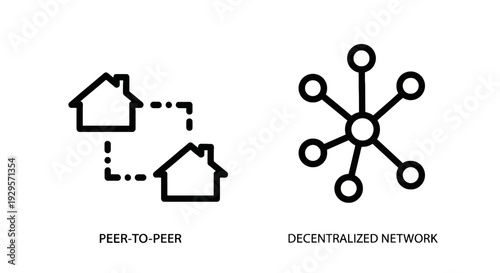 Icons symbolizing peer-to-peer connection between houses and a decentralized network, representing distributed systems and direct communication.