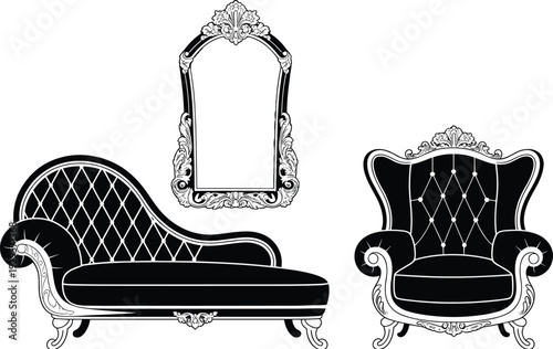 Vintage Victorian chaise lounge and armchair set with ornate mirror, tufted upholstery, carved wooden frame, luxurious antique furniture vector illustration