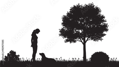 Girl standing with dog silhouette in park landscape scene, woman training pet on grass near tree and bushes, minimal black cutout illustration on white