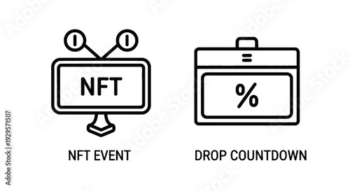 NFT event and drop countdown icons, showing a monitor with NFT and eyes, and a calendar with percentage, signaling upcoming digital asset releases.
