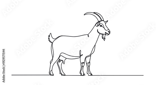 This minimalist line art depicts a goat standing proudly, rendered in a continuous single line on a clean white background, creating a modern and simple design element.