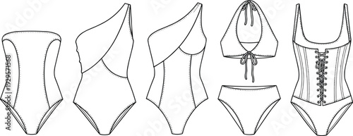 Women swimwear and corset bodysuit vector illustration set featuring one piece swimsuit, bikini and lace up corset isolated on white background
