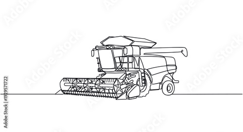 Single continuous line drawing of a combine harvester on a white background. Modern and minimalist design for agriculture, farming, or industrial themes.