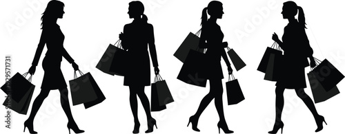 Women shopping silhouette set, stylish female figures with shopping bags, black vector illustration of fashion consumers walking isolated on white background