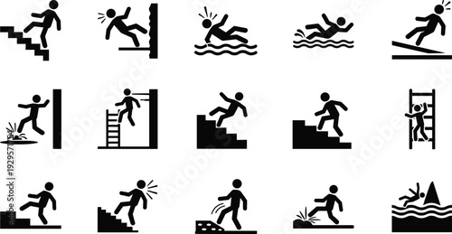 Black and white silhouette illustration set of 15 accident hazard pictograms showing falls, slips, water danger, ladder risks, workplace safety awareness artwork concept
