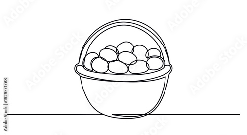 A minimalist, one-line drawing depicts a basket overflowing with eggs, rendered in a simple, elegant style, perfect for spring, Easter, or a clean design concept.