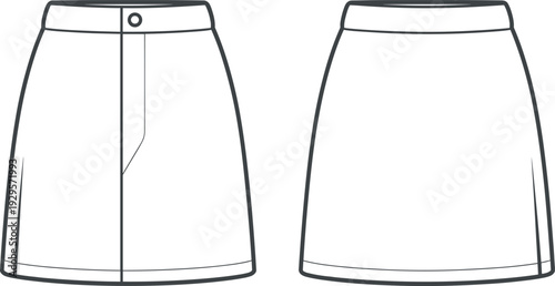 Art & IllustrationFlat fashion technical sketch of a women’s classic mini skirt featuring a high waist, front button closure, fly detail, and front back view CAD.
