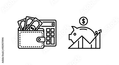 Wallet with cash and calculator, plus piggy bank on growth chart indicating financial savings and investment growth.