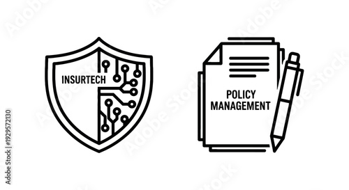 Insurtech shield with circuit board elements and policy management icons with a pen symbolize innovative insurance technology and streamlined policy administration.