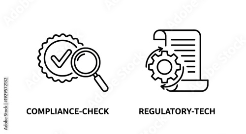 Compliance check and regulatory tech icons depicting a magnifying glass over a checklist and a document with gears, symbolizing adherence to rules and technological solutions for regulations.