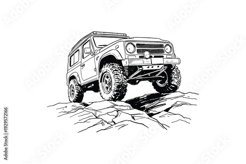 Off road vehicle climbing rocky terrain detailed sketch