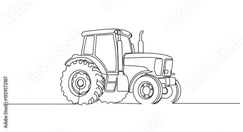 A minimalist, continuous line art illustration of a tractor on a white background, conveying simplicity and modern design suitable for agriculture or transportation themes.