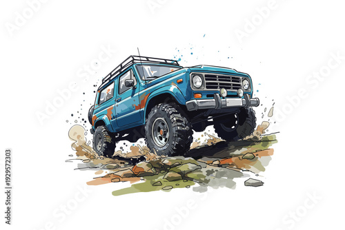 Blue off road vehicle driving up dirt path with splash
