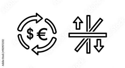 Currency Exchange and Directional Arrows Icons: Dollar, Euro, and Multi-directional Flow